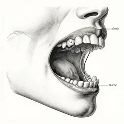 vintage medical anatomical illustration of predator ( 1 9 8 7 ) mouth, highly detailed, labels, intricate writing