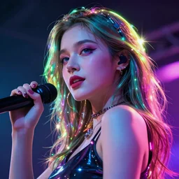 face shot of a beautiful woman performing onstage trending on artstation [ neon rim lighting ]! bioluminescent colors 3 2 k quality cgsociety contest winner polycount hd artstation portrait! artstation hd intricate detailed rim lights! lens flare vivid colors zbrush! 3 d render! unreal engine wide - shot angle dutch angle