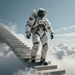 cinematic epic portrait of a mecha astronaut walking up the stairs of heaven in clouds alone, octane render, trending on artstation, hyperrealistic, character photography