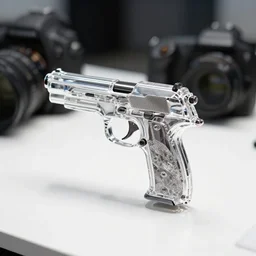 a crystal pistol is sitting on the white table, clear focus, bokeh effect, high res, hasselblad, dslr, professional, cinematic