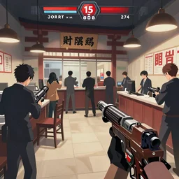 a screenshot of a multiplayer first person perspective bank robbery simulator game, Set in Tokyo, anime style graphics inspired by Ghost in the shell + Akira + Heat, Unreal engine, Highly Detailed, Vibrant, created by Arc System Works + Hideo Kojima + Studio Gainax