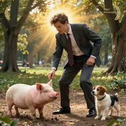a nice man in a suit and a puppy playing with a pig in a park, by giger and beksinski