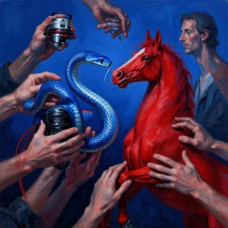 zeiss lens photograph david armstrong andreas gursky only with blue snake in love with a red stallion too many hands in all directions naive drawing in the style of gottfried helnwein chiaroscuro intricate composition blue light insanely quality highly detailed masterpiece red light