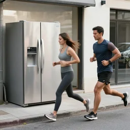 refrigerator walking running jogging down the street