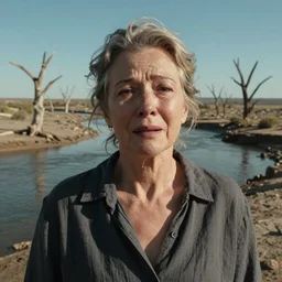 close-up of a 65-year-old Gaia, crying emotionless, facing the camera and standing in front of a dried up river in a desolate land, dead trees, blue sky, hot and sunny, highly-detailed, elegant, dramatic lighting, artstation, 4k, cinematic landscape, photograph by Elisabeth Gadd