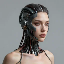 human 3 d, beautiful sexy woman head made of mech mask rendered in unreal engine, cyberpunk, dark, scifi, dark cyberntic wires and vessels coming from core processor, contrast, painted by david burliuk | bernard buffet | carne griffiths | stanislaw lem