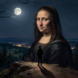 A wanderer on a mountain, montaintop, georgeous view, distant forest, distant city, distant glow, night, moon, dramatic light, Chiaroscuro, long shadows, dark, classic portrait, high detail, detailed, illustration by Rembrandt