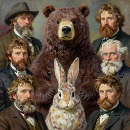 painting by sargent and leyendecker and greg hildebrandt, james gurney, apollinaris vasnetsov, savrasov levitan polenov, studio ghibli style, porcelain organic, detailed fur, bear rabbit hybrid character portrait, octane rendering, mixed media