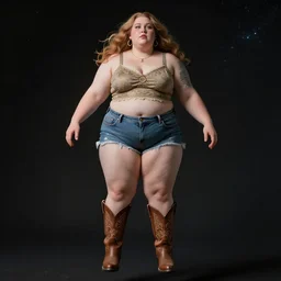 fat woman with cowboy boots floating in space, photorrealistic