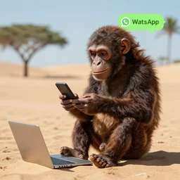 “an australopiteco chatting WhatsApp in a desert”