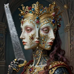 realistic vibrant ultra clear sideview waist up portrait of mysterious ai cyborg!!! jigsaw saw by marc simonetti mike mignola jeff easley peter elson rene magritte, embellishments by maria sibylla merian, symmetry face, baroque, gothic, surreal, highly detailed, intricate complexity, epic composition, masterpiece award winning artstation
