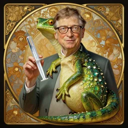 a reptile as a bill gates, holding a syringe!!, portrait, intricate, elegant, highly detailed, digital painting, artstation, concept art, wallpaper, smooth, sharp focus, illustration, art by h. r. giger and artgerm and greg rutkowski and alphonse mucha
