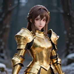 portrait focus of beautiful knight 3D anime girl, golden armor wearing, dark forest background, snowing, bokeh, inspired by Masami Kurumada, digital painting, high contrast, unreal engine render, volumetric lighting, high détail