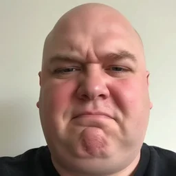 low quality selfie of a frowning bald fat middle aged british man with rosy skin, double chin, blurry