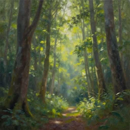 An oil painting of an intensely beautiful forest in the morning; rays of light coming through the canopy; trending on artstation