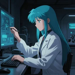 cybernetic late 8 0's dark moody anime movie still : : ideal art : : long cyan haired science girl researcher : : somber far future lab background interior : : calm studying cyber board