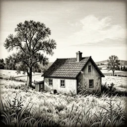 a small house in country side etching art style