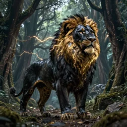 epic pose of black lion with gold lightnings in the fur in the middle of the ancient forest , colossal scale, photorealistic, high details, intricate by Nick Nichols and Evgeniy Antonenkov