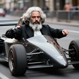 professional photograph of karl marx illegal street racer in a fast and furious car, closeup, dynamic pose, aperture 1. 2