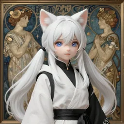 a very very beautiful cgi cat girl, white hair, two tails, with gorgeous clothes matte painting, by greg rutkowski and ilya kuvshinov and alphonse maria mucha and yuumei, very clear details, hyper realistic, trending on artstation, 8 k