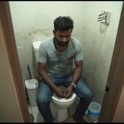 a cctv footage of an indian scammer operating sitting in the toilet, high definition faces, grainy, dirty