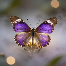 macro photography of a purple and gold butterfly, bokeh, glowing fog, 4k