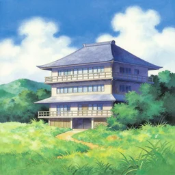 a beautiful painting of a building in a serene landscape by Akira Toriyama
