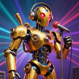 portrait photo of a giant huge golden and blue metal humanoid steampunk robot singer with headphones and big gears and tubes, a red glowing microphone on a tripod, eyes are glowing red lightbulbs, shiny crisp finish, 3 d render, 8 k, insaneley detailed, fluorescent colors, background is multicolored lasershow