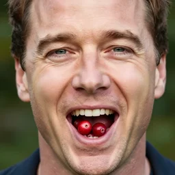 closeup portrait of happy bryan cranston with open mouth filled with cranberies, eating cranberries, food photography, natural light, sharp, detailed face, magazine, press, photo, steve mccurry, david lazar, canon, nikon, focus
