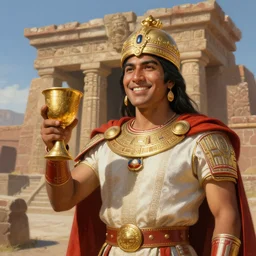 smiling spanish conquer soldier holding golden cup on a inca temple, highly detailed, digital painting