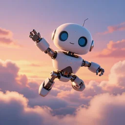 a robot house martin flying in the sky, sunset, mechanical cute delichon urbicum,  fluffy clouds, beautiful digital art, pixiv