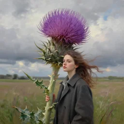 portrait, enormous thistle flower head, girl wearing a coat in a field, surreal photography, wind, cloudy sky, dramatic light, impressionist painting, digital painting, artstation, simon stalenhag