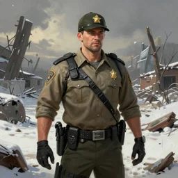 A comic book style portrait painting of a sheriff in a a post apocalyptic winter landscape, unreal 5, DAZ, hyperrealistic, octane render, RPG portrait, ambient light, dynamic lighting