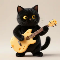 A Hyperealistic black Cat with a body made out of cheese playing guitar.