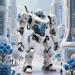 Mecha construction robot, bulky armor, utopian city, white buildings, by Leon Tukker, synthetic light, blue trees, people on the streets, utopia, perfect, scifi, 8k high detail, masterpiece, trending on ArtStation