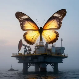 in the early morning fog, a large, glowing butterfly sits on top of an oil platform by moebius