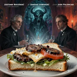 cosmic horrors on my sandwich, close up of sandwich, by zdzislaw beksinski, by dariusz zawadzki, by john jude palencar, gothic, surrealism, cosmic horror, lovecraftian, cold hue's, warm tone gradient background, concept art, first person view, scene in dining room, beautiful composition