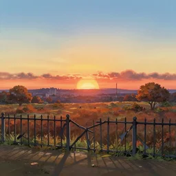 gouache matte painting!!!! a wholesome animation key shot of a cute empty sunset october landscape with broken metal fence and paris city in far distance, studio ghibli, pixar shinkai and disney animation, sharp, rendered in gouache painting, anime key art by makoto shinkai, greg rutkowski, dramatic, dynamic lighting