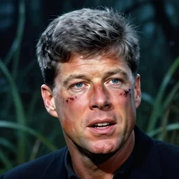 fantasy portrait of an energetic john f kennedy with silky, cloudy grey hair, black scars on his face, swamp vegetation in the background, nocturnal palette, art by greg rutowski, raphael lacoste, eddie mendoza, artgerm, trending on artstation