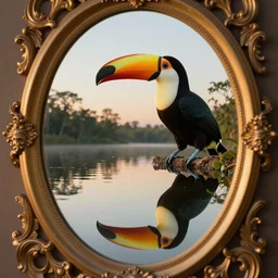 reflective lake and toucan inside a wide oval mirror, cinematic, filmic, wildlife photography, x - ray, ray tracing reflections, insanely detailed and intricate, hypermaximalist, elegant, ornate, hyper realistic, super detailed, golden hour