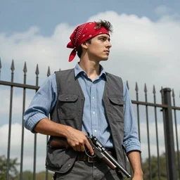 Young man standing looking to the right in a red bandana, blue striped shirt, gray vest and a gun with a partly cloudy sky in the background. The young man is standing in front of an iron fence. Photograph. Real life
