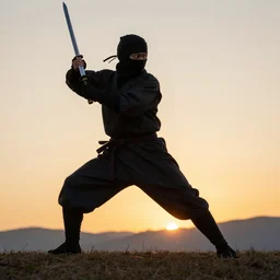 a hot ninja wielding a katana, sunset, on a hill