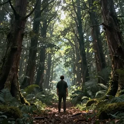 a man standing in the middle of a majestic forest, a detailed stunning matte painting, cgsociety, fantasy art, cryengine, matte painting, reimagined by industrial light and magic