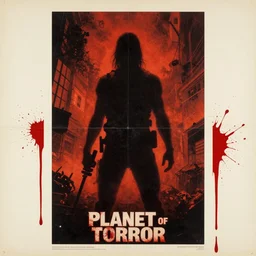 category b film poster with trace of a shots in centre, grindhouse, planet of terror movie, blood splatter on the sides, focus, grainy tape, distortion, few details, illustrations, painting