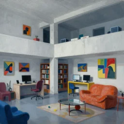 painting of interior shot of a white concerete brutalist studio apartment with colourful furniture and with computers and a library and also with abstract colourful paintings hanging on the wall by darek zabrocki and greg ruthkowski, cinematic and cold atmospheric, archillect concept art, artstation, trending on artstation