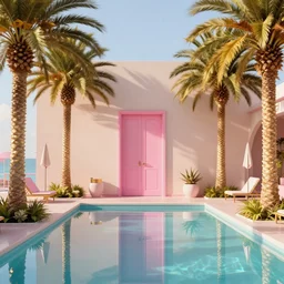 indoor space, golden light, greg rutkowski, palm trees, pink door, minimalistic, hyperrealistic surrealism, award winning masterpiece with incredible details, epic stunning, infinity pool mirrors, a surreal vaporwave miami vice space, highly detailed, trending on artstation, artgerm and greg rutkowski and alphonse mucha, daily deviation
