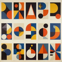 Evenly arrayed colorful modulating geometric shapes multitude of variations, Bauhaus graphic design poster, 80s pop design