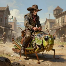 A very highly detailed cowboy wizard with very highly detailed face riding on a giant grasshopper on the street of a very highly wild west town digital rational painting art by Greg Rutkowski, sci-fi highly detailed, digital concept art, sharp focus, realistic concept art by Stephen Hickman and James Gurney and Hiromasa Ogura Ghost in the Shell rendered in Octane Render, From the distance