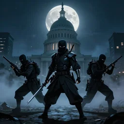 “ a movie of a cyber ninja clan heist on capitol hill at night, moving stealthily and undetectable by secret agents, shin obi art style, symmetric mystical full moon, misty night, directed by akira kurosawa, photo realistic, hyper detailed, 8 k resolution ”