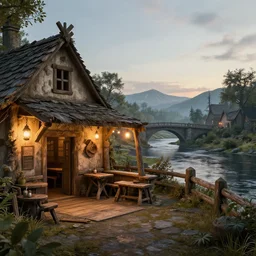 beautiful warm tavern seen from the outside, river crossed by a bridge, skyrim, middle age, crepuscular light, trending on artstation, sharp details